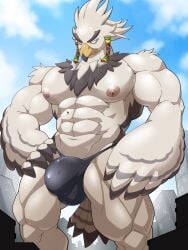 1boy 2023 absurd_res anthro avian bird breath_of_the_wild bulge city clothing digital_media_(artwork) entrapment feathers genital_outline hi_res looking_down maldu male male_only micro muscular muscular_male nintendo rito solo speedo swimwear teba_(tloz) the_legend_of_zelda trapped_in_clothing trapped_in_underwear white_body white_feathers wings