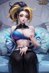 1girls ai_generated akali breast_grab breasts breasts_out cleavage cleavage_cutout clothing ee222_aiart exposed_breasts female huge_breasts imminent_sex k/da_all_out_akali k/da_all_out_series league_of_legends patreon patreon.com/ee222 patreon_reward shirt_pull stable_diffusion white_hair