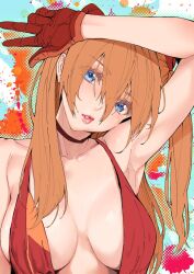 armpits asuka_langley_sohryu bangs bare_shoulders blue_eyes blush breasts breasts_apart brown_hair choker clavicle cocktail_dress dress female hair_between_eyes hair_ornament high_resolution long_hair looking_at_viewer medium_breasts neon_genesis_evangelion no_bra orange_hair parted_lips plunging_neckline red_choker red_dress red_lips sleeveless sleeveless_dress smooth_skin solo v yamaishi108 yamaishi_(mukoubuti)