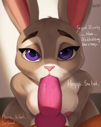 absurd_res anthro bafbun balls big_eyes big_penis bodily_fluids breasts disney duo english_text erection fellatio female genital_fluids genitals hi_res huge_cock judy_hopps lagomorph male male/female mammal nipples nude open_mouth oral oral_penetration penetration penile penis purple_eyes sex simple_background text zootopia