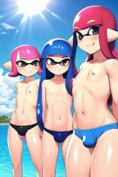 3boys ai_generated belly_button bulge bulge_through_clothing femboy inkling inkling_boy male male_only multiple_boys nipples novelai splatoon swim_briefs swimsuit topless_male