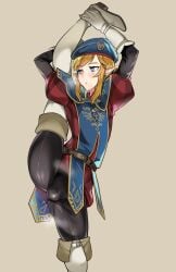 1boy androgynous ass beige_background blonde_hair blue_eyes blush bulge eyebrows femboy feminine_male girly hat hej link looking_back male male_only nintendo pink_background pointy_ears royal_guard_cap royal_guard_link royal_guard_uniform solo standing_split the_legend_of_zelda thighs tight_clothing tight_fit white_boots white_gloves