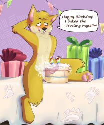 1boy absurd_res anthro ball_tuft balls_deep bent_legs black_nose blush blush_lines cake canid canine dessert english_text feet fehn_fennec fennec food food_fetish food_play foot_focus footprint fox frosting frosting_everywhere fur furniture gift happy_birthday hi_res kaymation licking licking_lips male male_only mammal no_pupils number party pawpads pawprint penetration penis pink_pawpads solo speech_bubble table tablecloth text tongue tongue_out translucent tuft wag wink_emoticon yellow_body yellow_fur