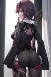 ai_generated ass ass_focus ass_support backboob breasts cameltoe female from_behind gloves honkai:_star_rail huge_ass kafka_(honkai:_star_rail) leotard long_hair pantyhose pantyhose_under_shorts purple_eyes purple_hair shiny shiny_clothes shiny_skin short_shorts shorts sideboob solo sunglasses sunglasses_on_head thick_thighs thighhighs very_long_hair