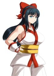 1girls ainu_clothes big_breasts blue_eyes blue_hair breasts busty confident female female_only fingerless_gloves gloves hair_ribbon hand_on_hip highres large_breasts long_hair looking_at_viewer nakoruru pants pose posing ribbon samurai_shodown sideboob smile snk solo voluptuous