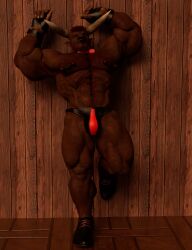 2021 3d_(artwork) abs absurd_res anthro barbas_thornhide barbas_thornhide_(character) beard biceps bovid bovine bow_tie brown_body brown_fur bulge cattle clothing digital_media_(artwork) facial_hair facial_piercing fingerless_gloves flexing_bicep flexor_carpi footwear fur gloves goatee hair handwear hi_res horn leather leather_clothing leather_gloves leather_handwear leather_underwear male male_only mammal mask muscular muscular_anthro muscular_male muscular_thighs navel nipple_piercing nipples nose_piercing nose_ring pecs piercing quads red_beard red_eyes red_hair ring_piercing shoes solo speedo swimwear triceps underwear wall_(structure) wood_floor wood_wall wristband