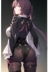 ai_generated ass ass_focus ass_support backboob breasts cameltoe female from_behind gloves honkai:_star_rail huge_ass kafka_(honkai:_star_rail) leotard long_hair pantyhose pantyhose_under_shorts purple_eyes purple_hair shiny shiny_clothes shiny_skin short_shorts shorts sideboob smile solo sunglasses sunglasses_on_head thick_thighs thighhighs very_long_hair