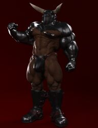 2022 3d_(artwork) abs anthro barbas_thornhide barbas_thornhide_(character) biceps bondage_gear boots bovid bovine brown_body brown_fur bulge cattle clothing digital_media_(artwork) flexing_bicep flexor_carpi footwear fur hi_res horn jockstrap leather leather_boots leather_clothing leather_footwear leather_jockstrap leather_mask leather_topwear leather_underwear male male_only mammal mask muscular muscular_anthro muscular_male muscular_thighs navel nipple_piercing nipples pecs piercing quads red_background red_eyes simple_background solo topwear triceps underwear