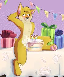 1boy absurd_res anthro ball_tuft balls_deep bent_legs black_nose blush blush_lines cake canid canine dessert feet fehn_fennec fennec food food_fetish food_play foot_focus footprint fox frosting frosting_everywhere fur furniture gift happy_birthday hi_res licking licking_lips male male_only mammal no_pupils number party pawpads pawprint penetration penis pink_pawpads solo table tablecloth tongue tongue_out translucent tuft wag wink_emoticon yellow_body yellow_fur