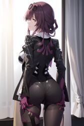 ai_generated ass ass_focus ass_support backboob breasts cameltoe female from_behind gloves honkai:_star_rail huge_ass kafka_(honkai:_star_rail) leotard long_hair pantyhose pantyhose_under_shorts purple_eyes purple_hair shiny shiny_clothes shiny_skin short_shorts shorts sideboob smile solo sunglasses sunglasses_on_head thick_thighs thighhighs very_long_hair