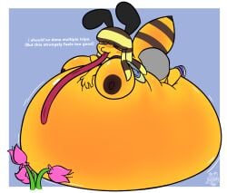 antennae_(anatomy) anthro areola arthropod arthropod_abdomen ass bee belly belly_expansion belly_inflation bie_(beefuccer) big_belly big_breasts big_butt black_sclera blush bottomwear breasts brown_hair brown_nipples clothed clothing dialogue expansion female flower foamytail footwear fur glistening glistening_belly glistening_breasts hair hand_on_own_belly hands_on_belly hi_res huge_breasts huge_butt huge_thighs hymenopteran hyper hyper_belly hyper_breasts inflation insects liquid_inflation long_tongue lying multicolored_hair neck_tuft nipples on_front pink_flower plant purple_eyes resting_on_belly shirt shoes simple_background smile solo striped_hair text thick_thighs tongue topwear tuft wide_hips wings yellow_body