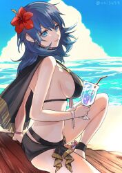 1girls alternate_costume ass beach bikini black_bikini black_swimsuit blue_eyes blue_hair blue_sky breasts byleth_(female)_(summer)_(fire_emblem) byleth_(fire_emblem) byleth_(fire_emblem)_(female) byleth_(summer)_(fire_emblem)_(female) closed_mouth cloud cup day drinking_straw female female_only fire_emblem fire_emblem:_three_houses fire_emblem_heroes flower from_side glass hair_flower hair_ornament highres holding holding_cup large_breasts looking_to_the_side nintendo official_alternate_costume outdoors sideboob sitting sky smile solo swimsuit twitter_username ushiomi water