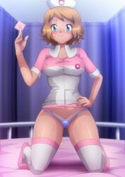 ass_visible_through_thighs blonde_hair blue_eyes blue_panties condom condom_in_hand cosplay female hand_on_hip holding_condom kneeling mesh_underwear nipples_visible_through_clothing nurse nurse_uniform pink_condom pink_shoes pokemon serena_(pokemon) thigh_high_socks zel-sama