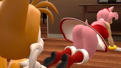 1boy 1boy1girl 1girls 3d 3d_(artwork) age_difference amy_rose amy_rose_(warfaremchine) ass ass_up big_ass big_butt female fox furry furry_ass furry_female furry_only going_commando hedgehog hedgehog_girl laying laying_down laying_on_floor laying_on_ground miles_prower naked no_panties no_underwear nude older_female pink_body pink_hair pink_skin pussy red_shoes red_skirt sega sfm sonic_(series) sonic_the_hedgehog_(series) source_filmmaker tails tails_the_fox video_games younger_male