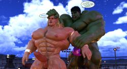 2boys 3d 3d_(artwork) beefy bulge erection excessive_muscles extreme_muscles fighting gay green-skinned_male green_skin hard_cock hard_on hulk hulk_(series) human light-skinned_male light_skin luckystallion male male/male male_only marvel muscular muscular_males pulling_hair studs text_bubble thor_(marvel) thor_(series) tight_clothing yaoi