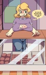 1girls alternate_version alternate_version_at_source alternate_version_available bakery big_breasts big_donut_(steven_universe) blonde_female blonde_hair blonde_hair_female blush blushing_at_viewer box-chan_(artist) box_chan breast dialogue donuts embarrassed employee_uniform fast_food_uniform female female_focus fully_clothed green_eyes looking_away looking_away_from_viewer looking_embarrased nipples_visible_through_clothing pussy_visible_through_clothes sadie_miller steven_universe wide_hips wide_thighs