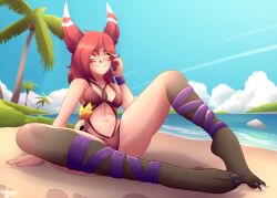 beach bikini bird_ears bird_feet claws feet league_of_legends league_of_legends:_wild_rift legs naufragonsfw pool_party_series red_hair riot_games smile smiling summer vastaya xayah