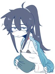 1boy black_bra blue_hair exposed exposing_chest femboy flat_belly flat_chest hoodie horny horny_male inviting_to_sex jacket_open long_hair male male_only nipples nipples_outside op_u_na ponytail skinny slutty_clothing slutty_outfit small_bra solo tired tired_eyes twink zense-kun