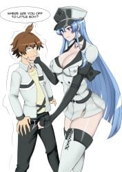 1boy 1girls akame_ga_kill! ballbusting blue_hair breasts brown_hair cbt esdeath_(akame_ga_kill!) fully_clothed groping long_hair pack penis_grab smaller_male tatsumi_(akame_ga_kill!) white_background