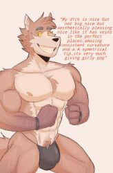 2022 abs anthro biceps black_clothing black_nose black_thong black_underwear bodily_fluids body_hair bottomwear bracelet bulge canid canine canis chest_hair chest_tuft clenched_fists clothed clothing colored connor_(wilsondoggo64) coyote detailed_bulge dialogue dirty_talk english_text eyebrows fist fur grey_body grey_fur hair happy_trail hi_res jewelry looking_at_viewer male male_only mammal multicolored_body multicolored_fur muscular muscular_anthro muscular_male muscular_thighs nipples partially_clothed pecs pink_nipples pubes red_text shoulder_tuft simple_background smile smiling_at_viewer solo standing suggestive_dialogue sweat sweatdrop tail talking_to_viewer text thick_eyebrows thong thong_only topless topless_anthro topless_male tuft underwear underwear_only white_background white_body white_fur wilsondoggo64 yellow_eyes