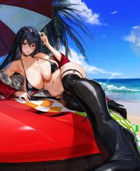 ashinagazami azur_lane bare_shoulders beach bikini black_bikini black_choker black_hair blush breasts checkered_flag choker cleavage crossed_bangs eichi eyewear_on_head female flag hair_between_eyes highleg highleg_bikini highres jacket large_breasts long_hair looking_at_viewer navel off_shoulder official_alternate_costume on_vehicle race_queen red_eyes red_jacket solo sunglasses swimsuit taihou_(azur_lane) taihou_(enraptured_companion)_(azur_lane) thighhighs