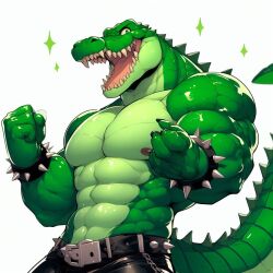 collar crocodile crocodilian muscular pants pectorals pointed_tail pointed_teeth reptile rock smile stars