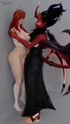 3d akasha_the_queen_of_pain breasts clothed dominatrix dota dota_2 femdom holding holding_person horns how_to_talk_to_short_people looking_at_partner naked naked_female open_toe_shoes queen_of_pain red_hair red_skin succubus windranger