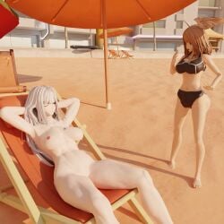 2girls 3d beach big_breasts big_butt blender blender_(software) blender_cycles blue_eyes brown_hair elitedog ethel_(xenoblade) eunie_(xenoblade) female laying_down nintendo nipples nude nude_female silver_hair swimsuit thick_thighs xenoblade_(series) xenoblade_chronicles_3