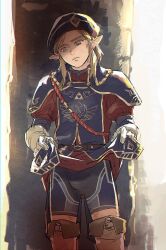 1boy androgynous ass beige_background belt blonde_hair blue_eyes blush bulge embarrassed eyebrows femboy feminine_male girly hat link looking_at_viewer looking_back male male_only nintendo pink_background pointy_ears royal_guard_cap royal_guard_link royal_guard_uniform solo standing standing_split sweatdrop the_legend_of_zelda white_boots white_gloves