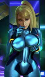 1girls 3d banskinator big_breasts blonde_hair blue_eyes female female_only finger_to_mouth flirting_look hand_on_own_breast large_breasts light-skinned_female light_skin long_hair looking_at_viewer metroid nintendo nipple_bulge pale-skinned_female pale_skin ponytail samus_aran skin_tight solo urbanator voluptuous wide_hips zero_suit zero_suit_samus