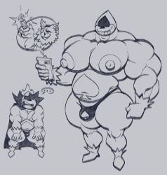 2023 3boys 5_fingers belly big_muscles big_nipples big_pecs bobthetanuki bulge cellphone clothed clothing darkner deltarune ellipsis extrasizedbob father father_and_child father_and_son felid fingers grey_background group highres holding_cellphone holding_object holding_phone huge_muscles humanoid king_spade lancer_(deltarune) male male_only mammal monochrome musclegut muscular muscular_humanoid muscular_male nipples open_mouth open_smile parent parent_and_child pecs phone seam_(deltarune) simple_background smile son spades_(suit) standing suit_symbol thong tongue tongue_out topless trio undertale_(series) underwear