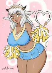 1girls alternate_costume ash_(fire_emblem) bangs bare_midriff bare_thighs breasts brown_eyes cheerleader cleavage cow_girl earrings female female_only fire_emblem fire_emblem_heroes grey_hair heart huge_breasts large_breasts looking_at_viewer medium_hair midriff nintendo pointy_ears sixtybuzzer skirt smile solo tail thick_thighs thighs