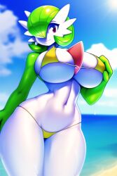 ai_generated anthro beach bikini breast_grab gardevoir highres large_breasts nai_diffusion narrow_waist pokemon pokemon_(species) rubycks smile wide_hips