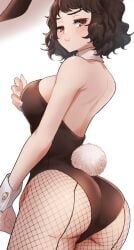 1girls ass atlus breasts brown_eyes brown_hair bunny_ears bunny_girl bunnysuit curly_hair dat_ass female female_only fishnets highleg_leotard huge_ass kurosususu large_breasts leotard light-skinned_female light_skin persona persona_5 sadayo_kawakami short_hair solo thighs