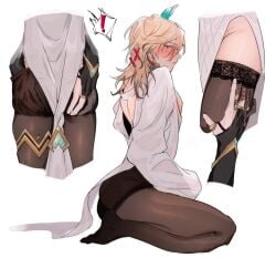 2boys alhaitham_(genshin_impact) big_ass big_butt black_legwear blonde_hair blonde_hair_male blush blush_lines blushing_at_viewer crossdressing double_slit_dress femboy feminine_male flushed gay genshin_impact gloves groping groping_ass hairclip half-dressed hand_on_butt kaveh_(genshin_impact) male male/male male_only multicolored_hair nipple_slip nipples pantyhose red_eyes ripping_clothing sheer socks stockings thick_ass thick_thighs tights twink yaoi