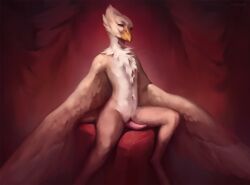 anthro avian azazello beak erection feathers genitals male mcrepsi nude penis simple_background sitting slit smirking_at_viewer solo tail tapering_penis winged_arms wings yellow_eyes