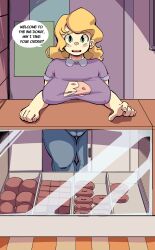 1girls alternate_version alternate_version_at_source alternate_version_available bakery big_breasts big_donut_(steven_universe) blonde_female blonde_hair blonde_hair_female blush blushing_at_viewer box-chan_(artist) box_chan breast dialogue donuts employee_uniform fast_food_uniform female female_focus fully_clothed green_eyes nipples_visible_through_clothing pussy_visible_through_clothes sadie_miller steven_universe wide_hips wide_thighs