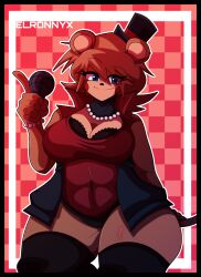 1girls 2023 anthro artist_name big_breasts black_legwear black_panties blue_eyes breast brown_body brown_fur brown_hair cleavage elronnyx female female_only five_nights_at_freddy's five_nights_in_anime freckles freddy_(fnaf) genderswap_(mtf) hat hi_res jewelry looking_at_viewer microphone panties robot robot_girl rule_63 scottgames smile solo thick_thighs thighhighs wide_hips