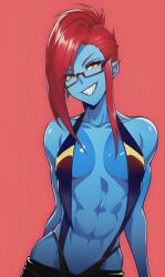 1girls 2023 abs ai_generated anthro athletic_female blue_body blue_skin breasts cleavage female female_only fish_humanoid glasses multicolored_clothes plunging_neckline red_background red_hair revealing_clothes scalie scalieton scantily_clad self_upload sharp_teeth shiny_skin sleeveless smile smiling stable_diffusion undertale undertale_(series) undyne