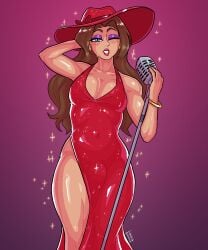 1boy brown_hair bulge bulge_through_clothing crossdressing earrings femboy genderswap_(ftm) hat loggus_doggus long_hair male male_only mario_(series) microphone party_dress pauline purple_background red_dress red_lipstick rule_63 sequin_dress simple_background solo sparkles standing super_mario_odyssey