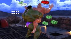 2boys 3d 3d_(artwork) beefy bulge crushing dominated domination excessive_muscles extreme_muscles fighting gay green-skinned_male green_skin hulk hulk_(series) human light-skinned_male light_skin luckystallion male male/male male_dominating_male male_only male_penetrated marvel muscular muscular_males squeezing stand_and_carry_position studs text_bubble thor_(marvel) thor_(series) tight_clothing yaoi