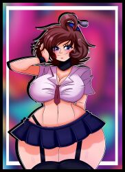 1girls aged_up balloon_babe_(fnia) balloon_boy_(fnaf) big_breasts blue_eyes breasts brown_hair cleavage curvy elronnyx eyebrows_visible_through_hair female female_only five_nights_at_freddy's five_nights_in_anime genderswap_(mtf) hi_res hourglass_figure looking_at_viewer miniskirt robot robot_girl rule_63 scottgames skirt smile stockings thick_thighs thighhighs voluptuous wide_hips