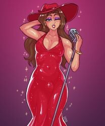 1boy brown_hair bulge bulge_through_clothing crossdressing earrings femboy genderswap_(ftm) hat loggus_doggus long_hair male male_only mario_(series) microphone party_dress pauline purple_background red_dress red_lipstick rule_63 sequin_dress simple_background solo sparkles standing super_mario_odyssey