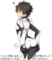 1boy alternate_costume ass black_hair blue_eyes bodysuit chaldea_combat_uniform cowboy_shot embarrassed fate/grand_order fate_(series) fujimaru_ritsuka_(male) gloves looking_at_viewer looking_back male_focus simple_background solo sweatdrop tachimori_fukura tight_clothing tight_fit uniform white_background