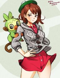 1girls brown_eyes brown_hair clothed clothing gloria_(pokemon) grookey light_skin minacream pokemon pokemon_ss red_skirt skirt solo