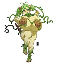 1girls alma_(thehelmetguy) areola_slip bent_leg big_breasts blush dryad female female_only green_eyebrows green_eyes green_hair hi_res huge_breasts long_hair looking_at_viewer monster_girl nipples_covered nude nude_female original original_character plants pointy_ears solo standing_on_one_leg teeth_clenched thehelmetguy vines wavy_mouth white_background yellow_body