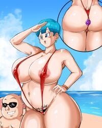 1animal 1girls ass beach belly belly_grab big_ass big_breasts bikini blue_eyes blue_hair breasts bulma bulma_(dragon_ball) bulma_briefs buttplug_under_panties child_bearing_hips dragon_ball glasses interspecies_pregnancy light-skinned_female milf nipples_visible_through_clothing oolong panarandom pig pregnant pubic_tattoo ready_to_pop string_bikini tattoo thick_thighs