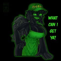 apron apron_only black_body eyes_half_open female green_eyes hat hourglass_figure huge_breasts phi_(phisnom) phil_morg phisnom ponytail slime slime_girl toxic_waste