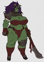 1girls 2019 angry_face anthro big_breasts bottomwear breasts chest_wraps clothed clothing fangs female female_only full_body green_body green_ears green_skin hair hand_wraps hi_res hooves humanoid leg_wraps loincloth long_hair mammal navel orc orc_female pig_nose pig_orc purple_hair rags red_eyes roly scar simple_background solo suid suina sus_(pig) tusks weapon white_background wild_boar wraps yellow_sclera