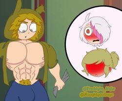 boy clothes_pull fhs flushed fnafhs fnafhs_z3ro fnafhsrule34 freddyhsnsfw gay huge_breasts huge_cock muscles pectorals school springtrap_(fnafhs) sweater trio